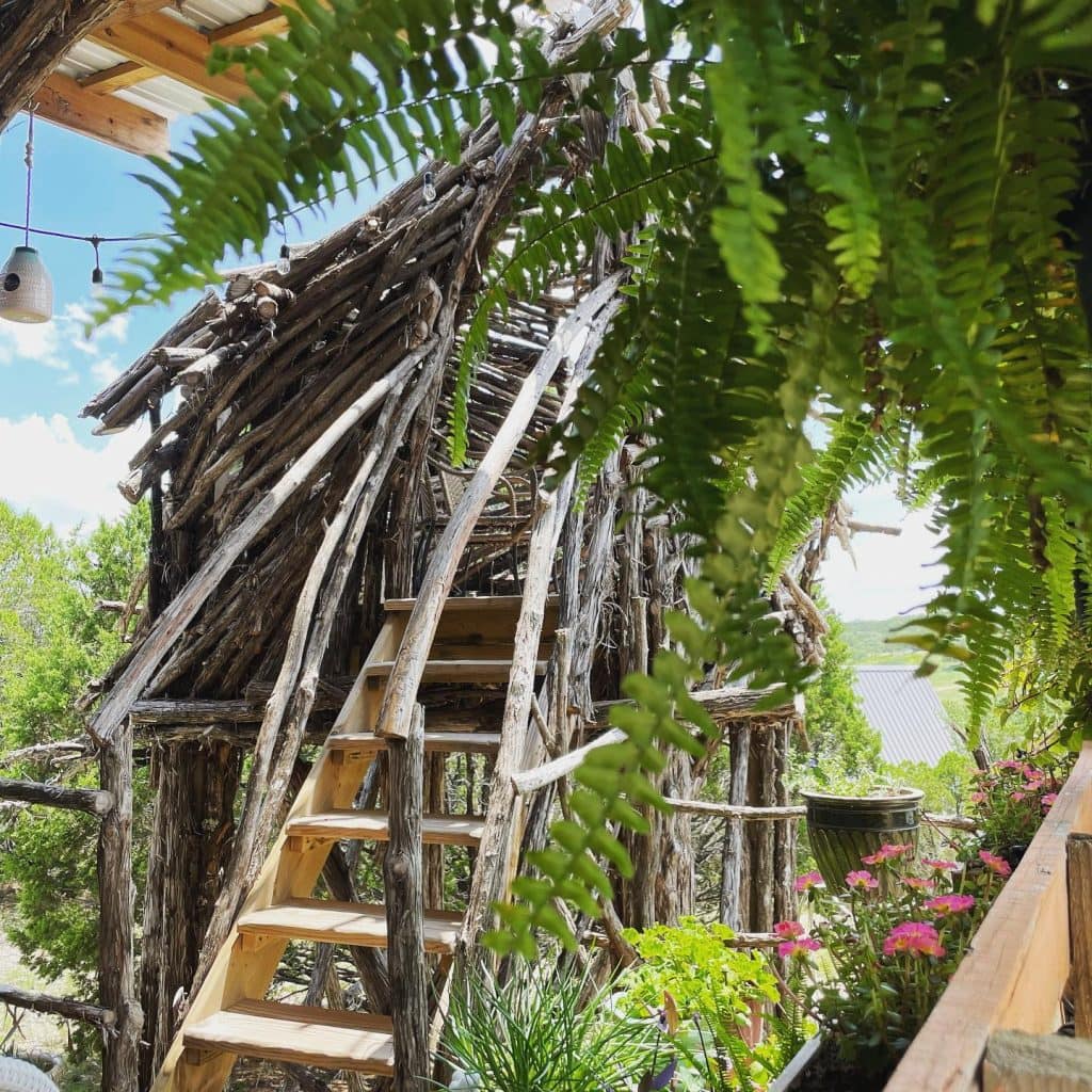 A whimsical ladder made of twig-like wood leads up to The Nest’s observatory, surrounded by plants and perfectly on theme with its nature-inspired design. Credit: @skyboxcabins via Instagram