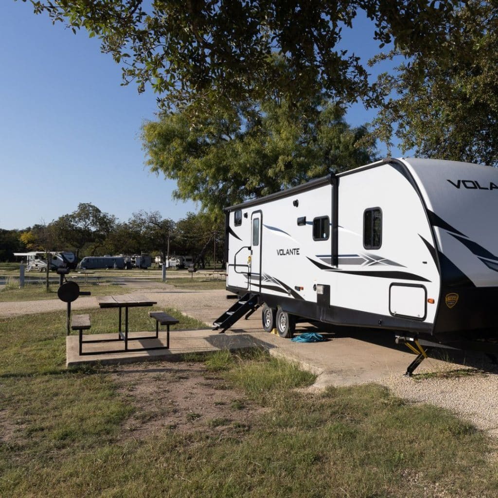One of the many RVs set up at Nueces River RV & Cabin Resort—perfect for travelers who love the outdoors with modern conveniences. Credit: @nuecesriverrv via Instagram