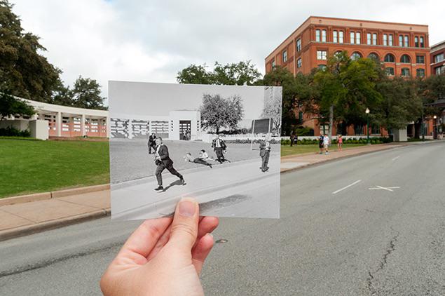 Dealey Plaza in Dallas, a historic site now wrapped in conspiracy theories and commercialization of tragedy—personally, a skip. Credit: u/KyserSoze94 via r/OldPhotosInRealLife 