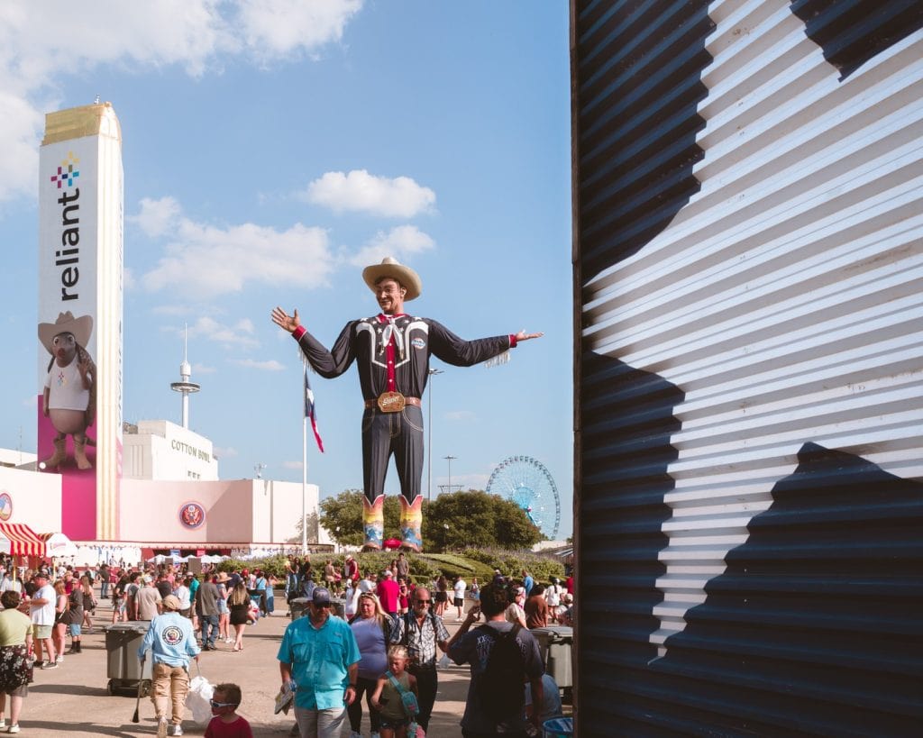 Big Tex towering over crowds at the Texas State Fair—pure Texas pride, larger than life and impossible to miss. Credit: @statefairoftx via Instagram
