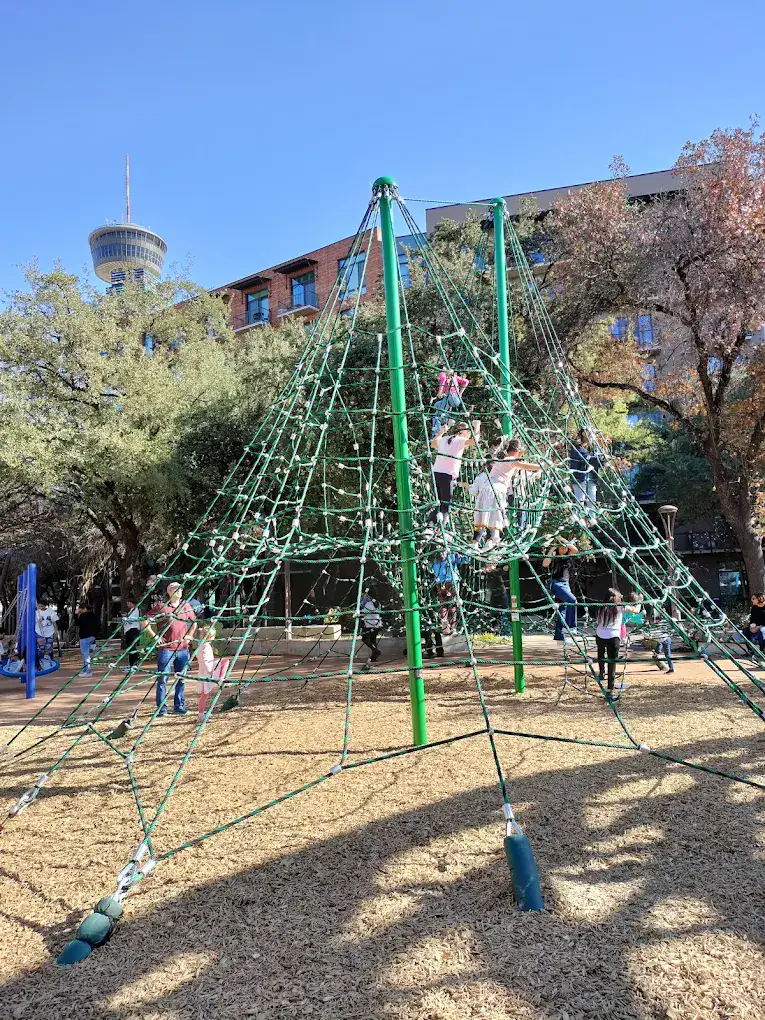 Yanaguna’s spiderweb-like climbing nets challenge kids to scale, balance, and conquer. Credit: CG C