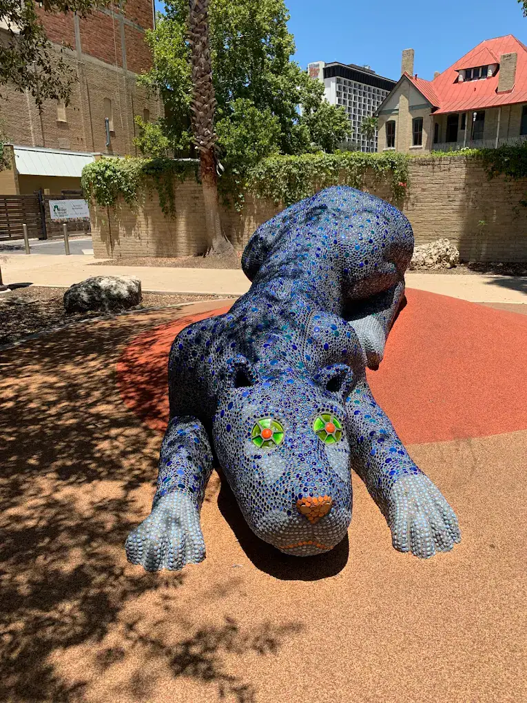 The vibrant Panterazul sculpture at Yanaguna invites kids to climb and explore its beaded design. Credit: Ariel Cartwright