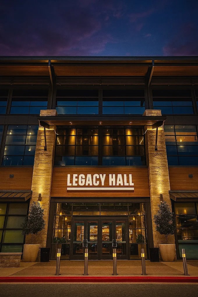 The façade of Legacy Hall in Plano features modern architecture with striking lighting and a bold presence. Credit: Pixel Polish