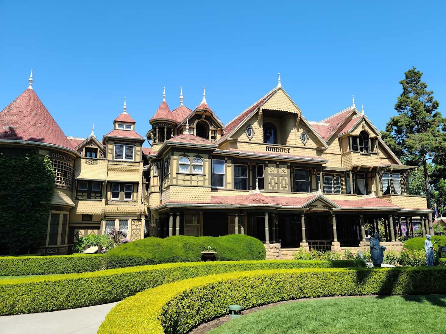 The sprawling Victorian facade of the Winchester Mystery House in San Jose, California