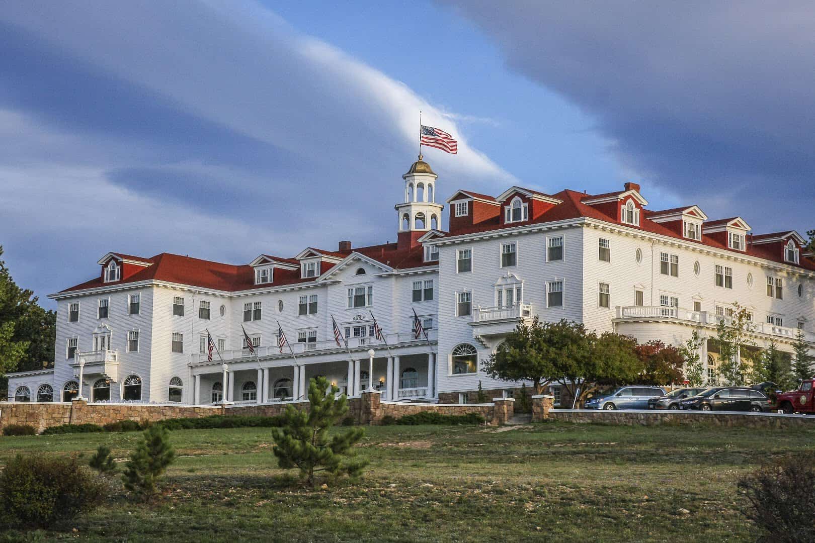 The grand white facade of The Stanley Hotel in Estes Park, Colorado