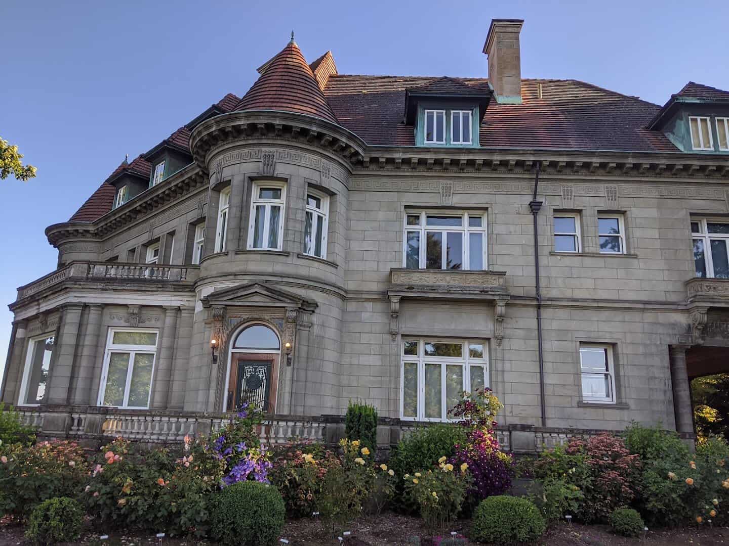 The pale sandstone facade of Pittock Mansion in Portland, Oregon