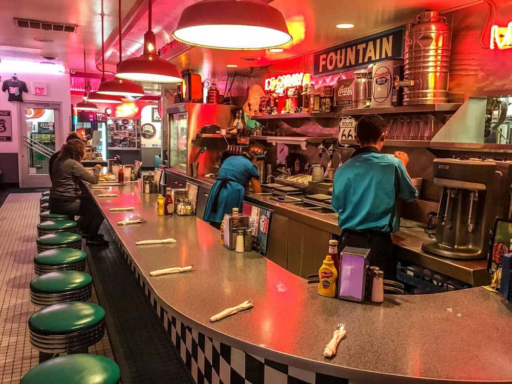 Retro soda fountain counter and neon inside 66 Diner on Route 66 in Albuquerque, New Mexico