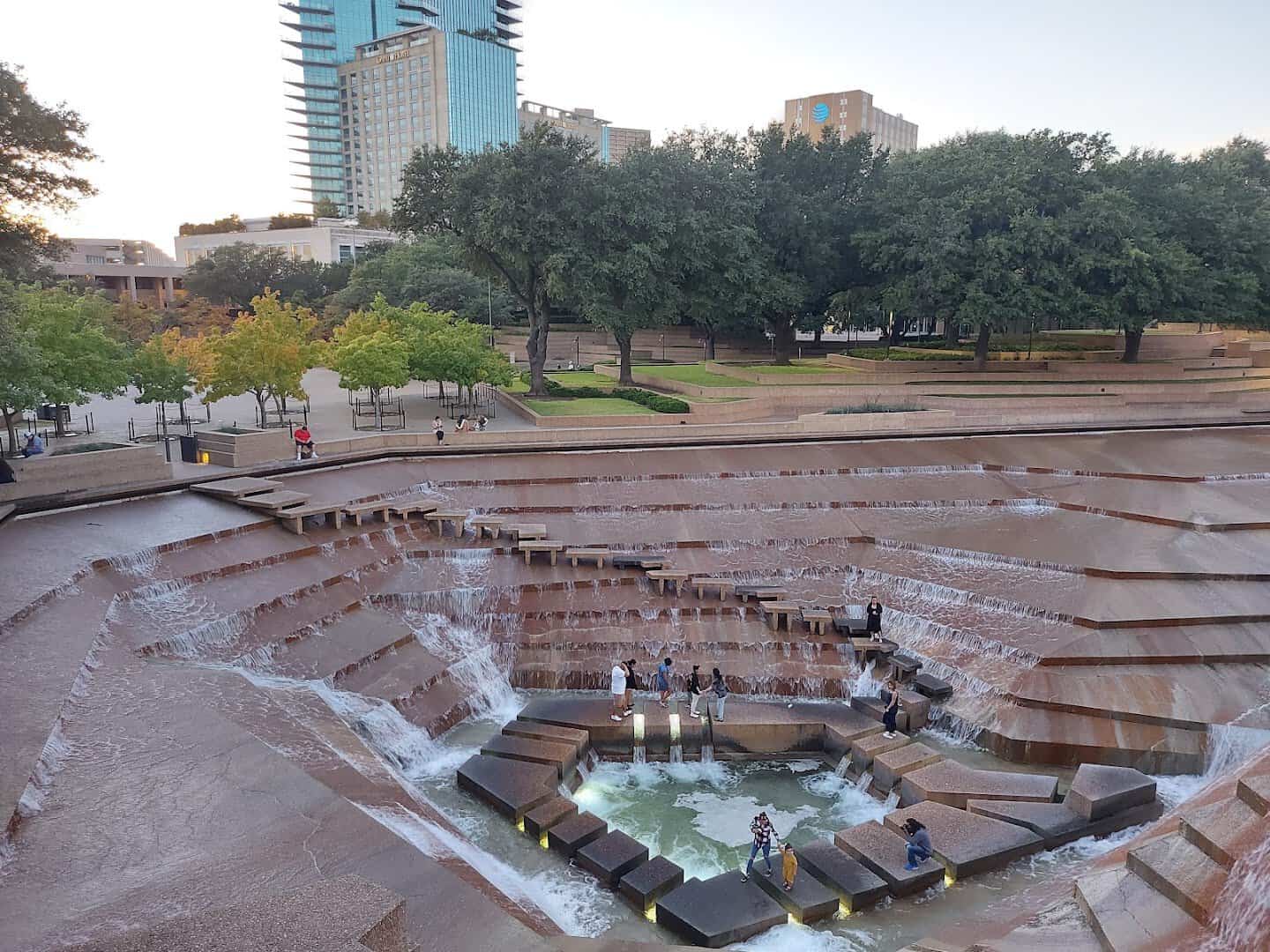 The terraced Active Pool seen from above at the Fort Worth Water Gardens