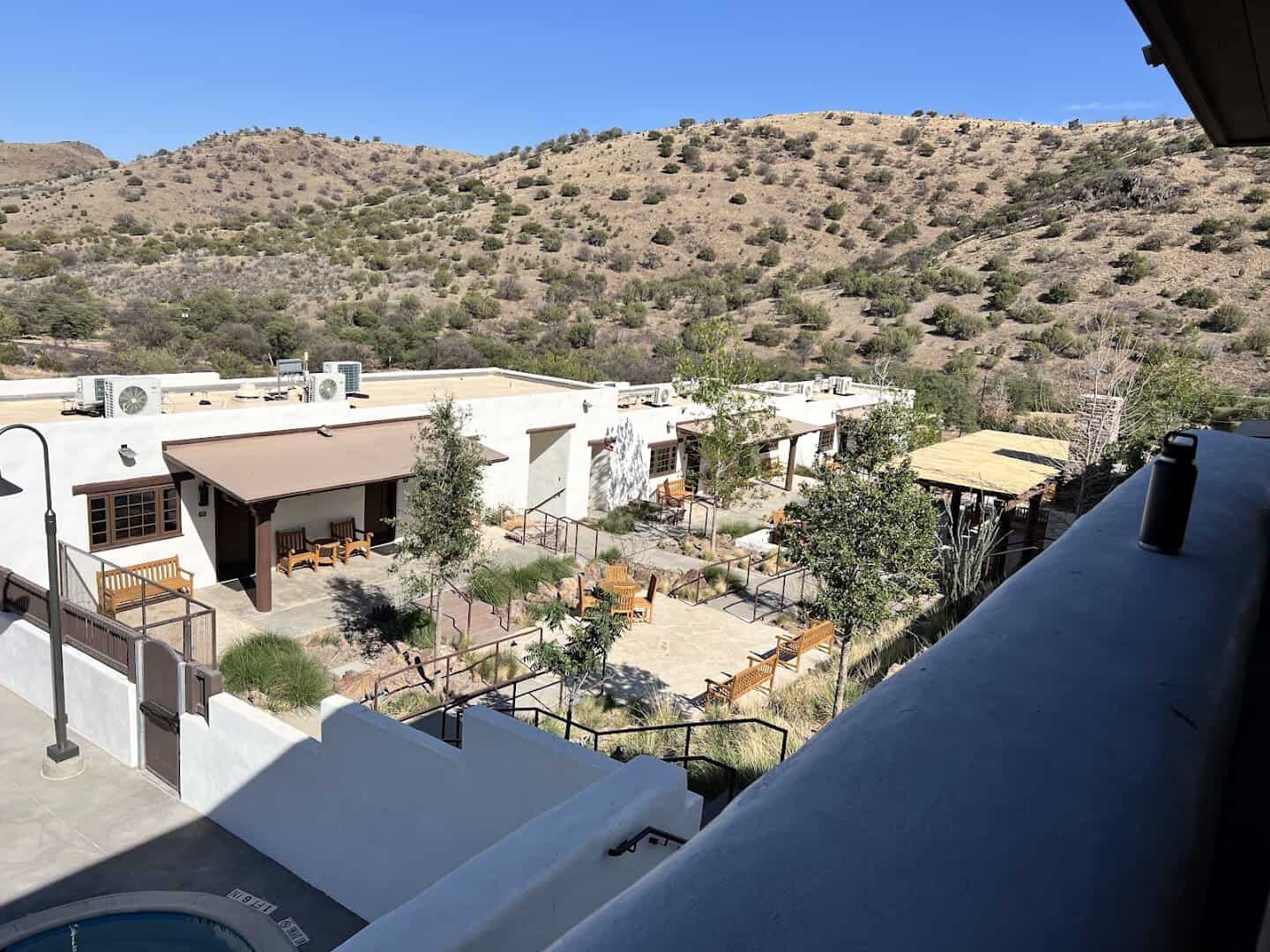 Pueblo-style adobe Indian Lodge nestled in the green Davis Mountains near Fort Davis, Texas