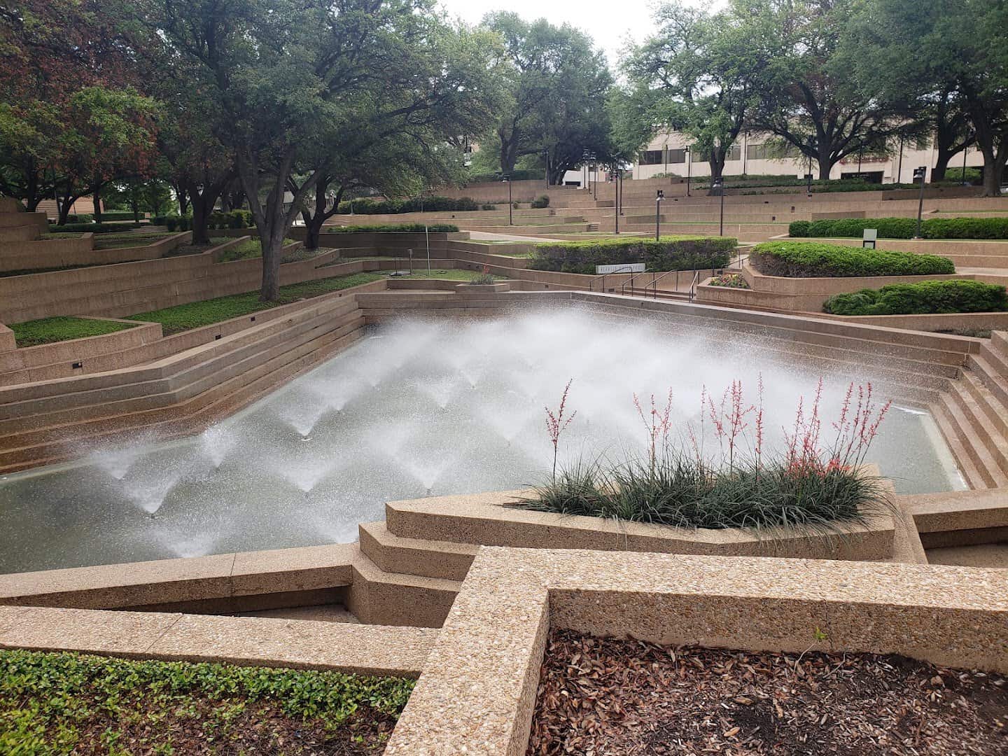 The Aerating Pool ringed by cypress trees at the Fort Worth Water Gardens