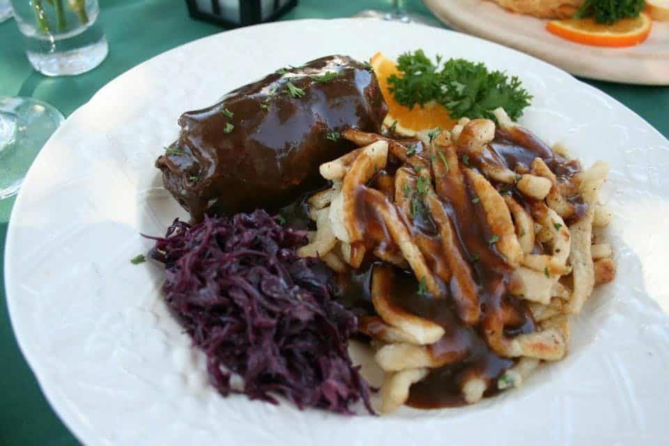 Sauerbraten with spaetzle and red cabbage at Alpine Haus in New Braunfels
