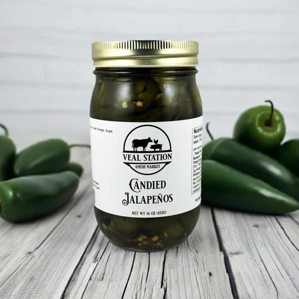 Jar of homemade candied jalapenos at Veal Station Amish Market, Texas