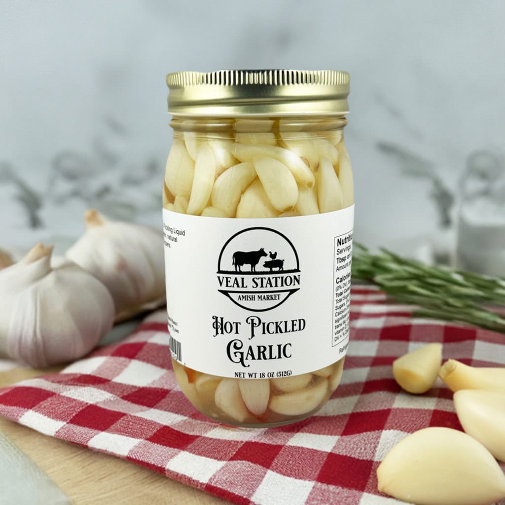Jar of hot pickled garlic at Veal Station Amish Market, Texas