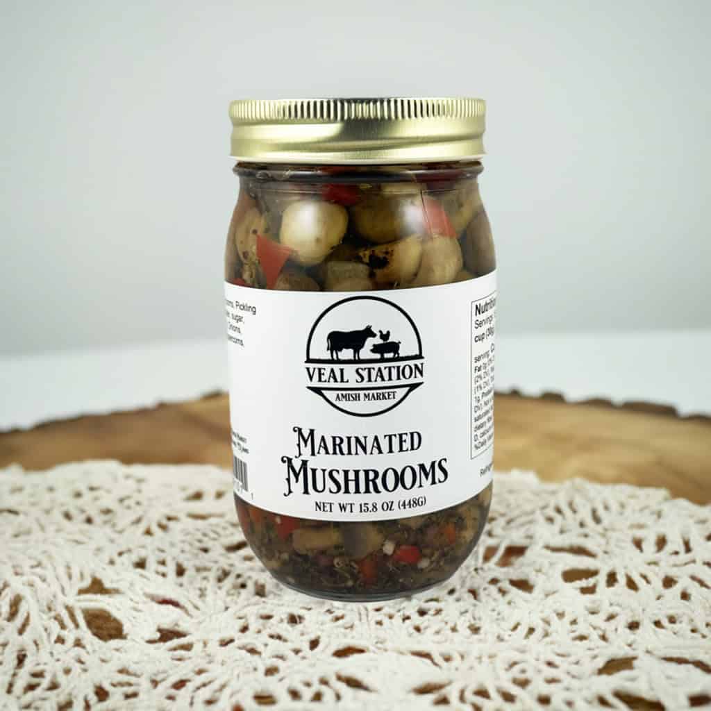 Jar of marinated mushrooms at Veal Station Amish Market, Texas