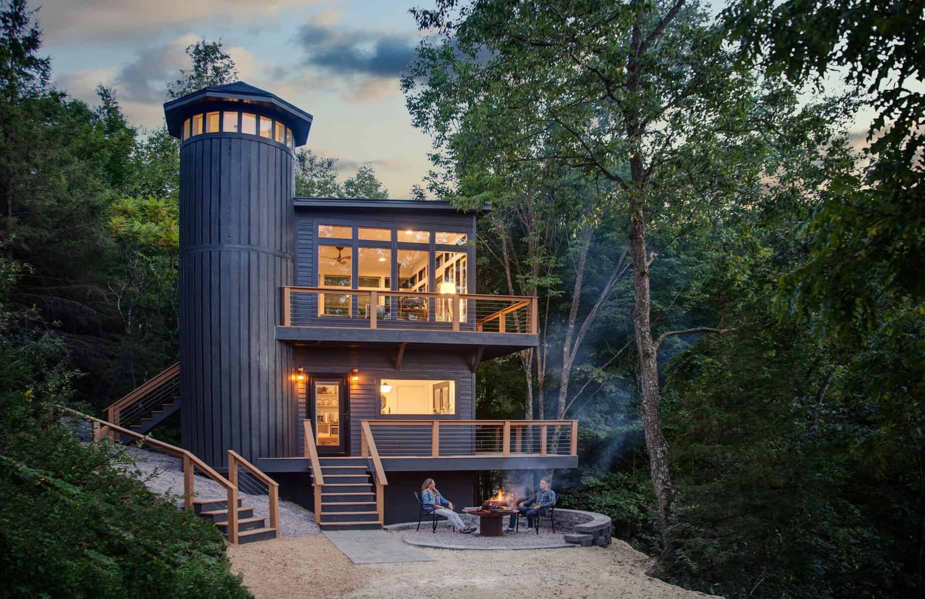 Glass-walled cabin tucked in the forest at Anaway Place near Richland Center, Wisconsin