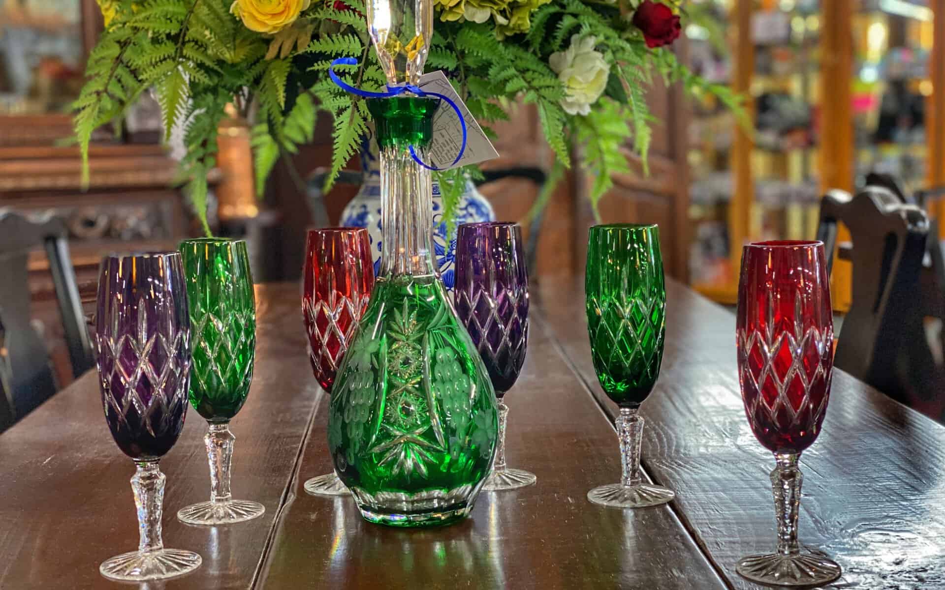 Jewel-toned colored crystal stemware at The Antique Gallery of Houston in Spring, Texas
