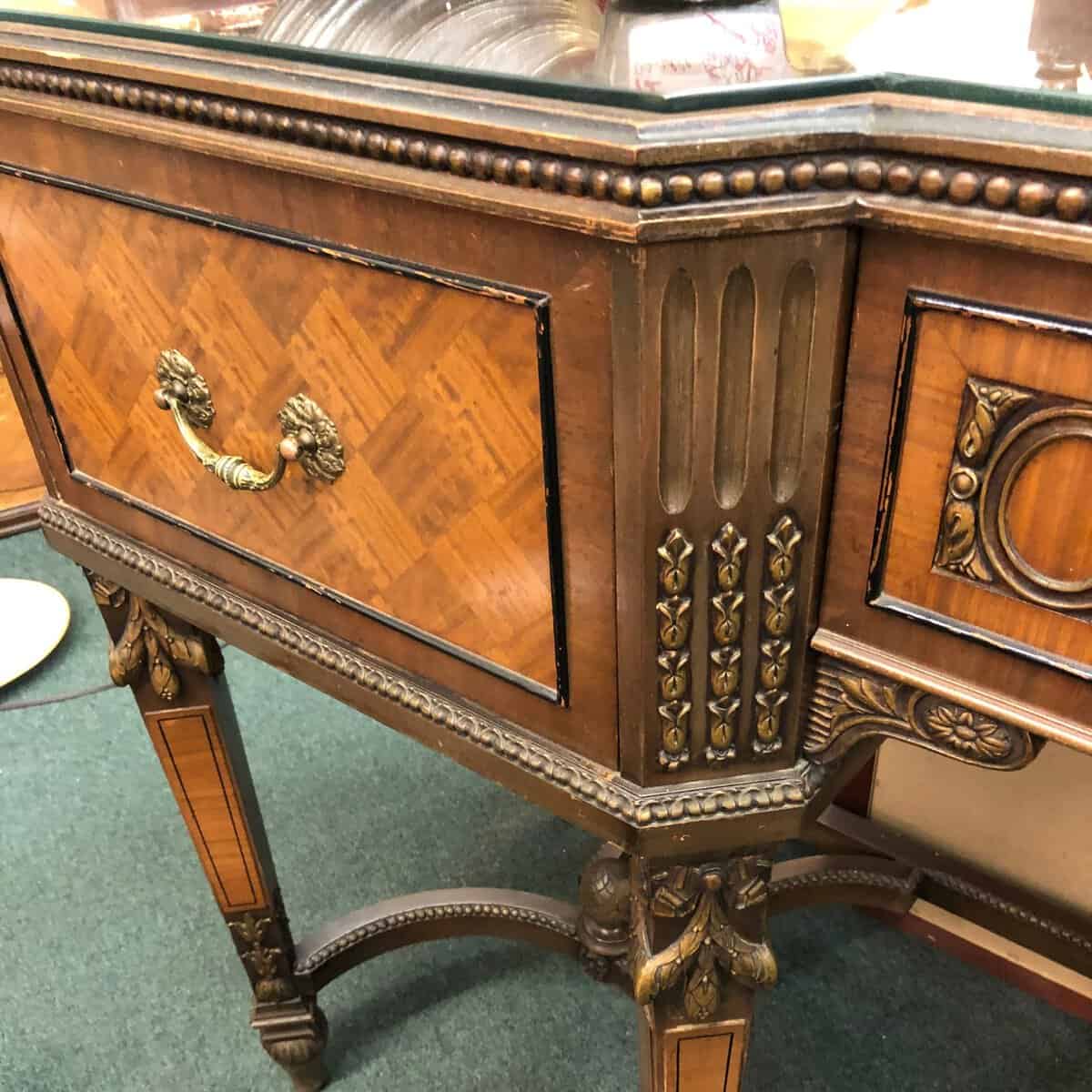 Ornate antique marquetry sideboard at Montgomery Street Antique Mall in Fort Worth