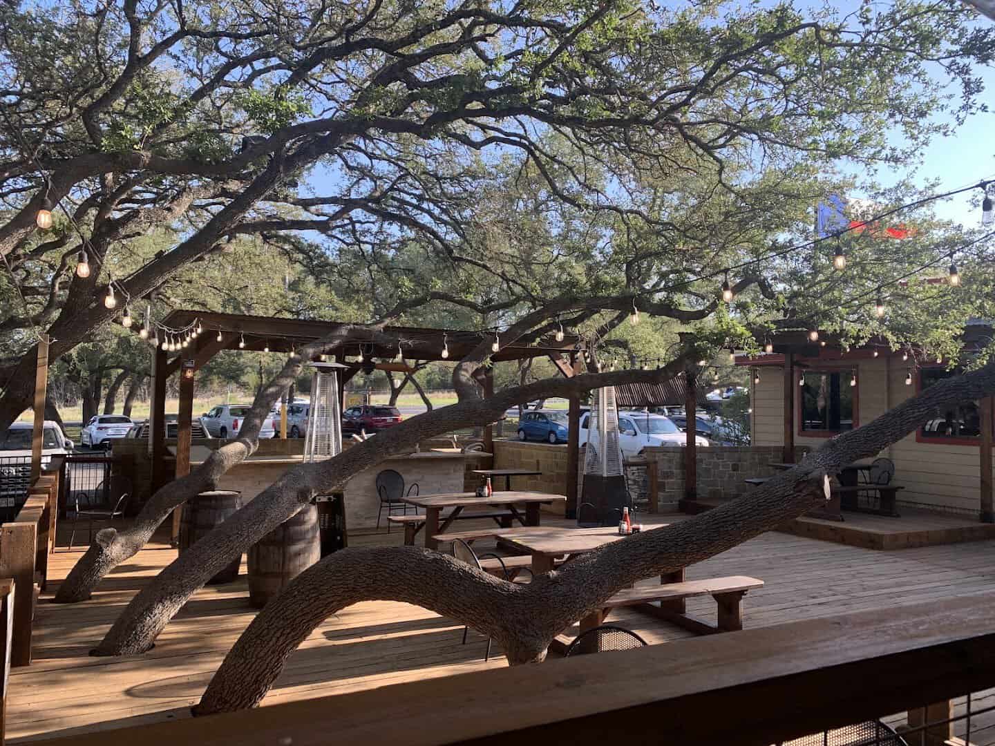 Outdoor patio deck built around live oak branches with string lights and picnic tables at Richter's Antler Cafe in Spring Branch, Texas