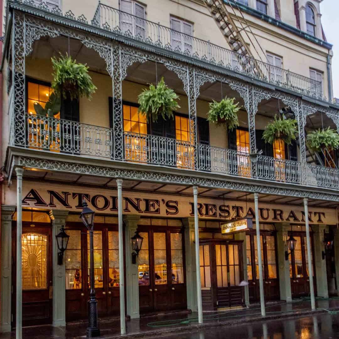 Historic facade of Antoine's Restaurant in New Orleans, Louisiana
