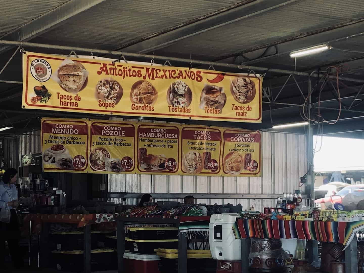 Antojitos Mexicanos food stall sign at 77 Flea Market in Brownsville, Texas