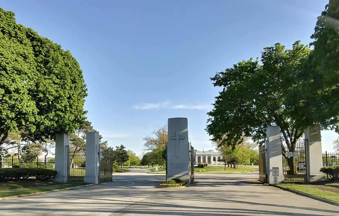 Resurrection Cemetery gates along Archer Avenue in Justice, Illinois