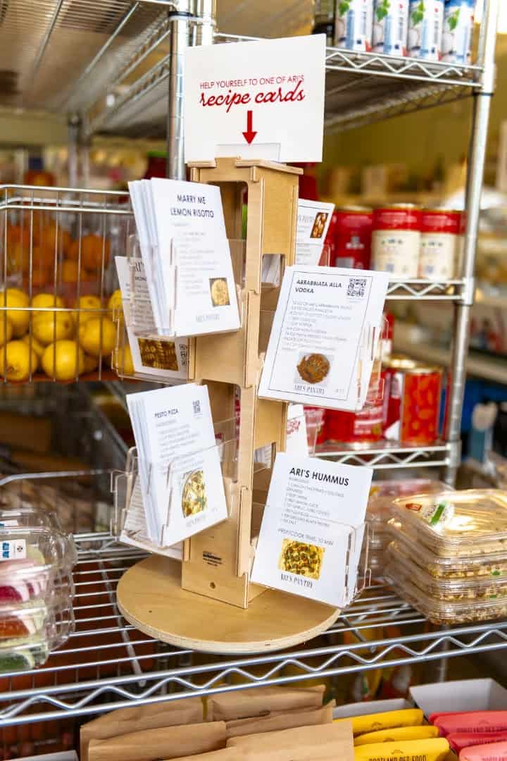 Free recipe card display at Ari's Pantry in Dallas