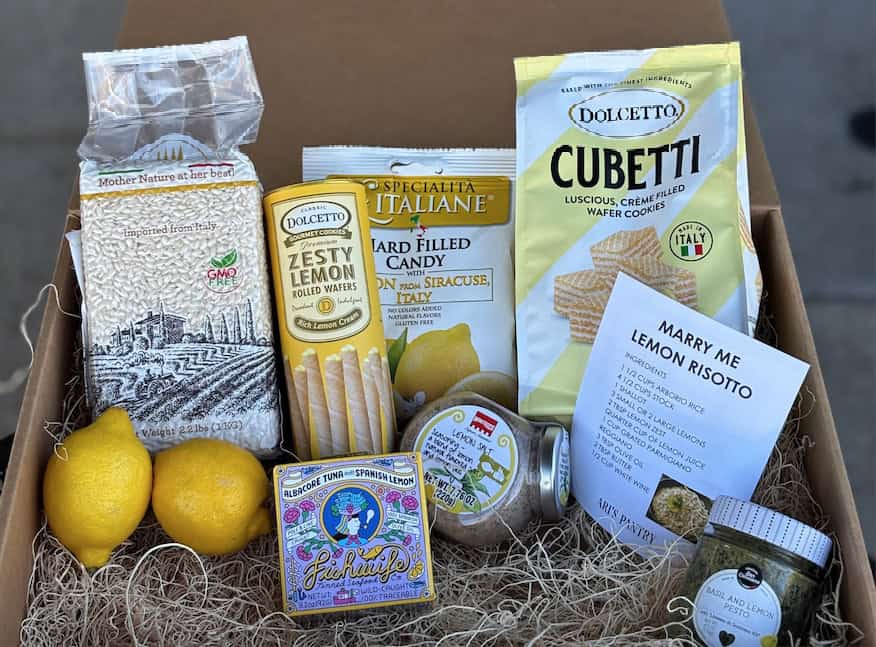 Box of imported Italian goods at Ari's Pantry in Dallas