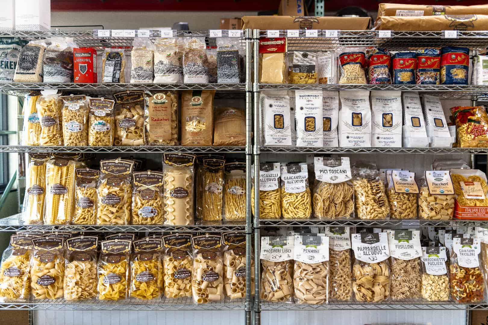 Shelves of imported Italian dried pasta at Ari's Pantry in Dallas