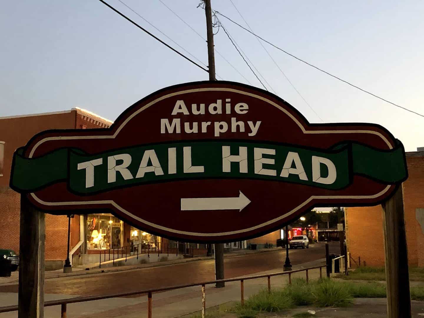 Audie Murphy Trail Head sign in Farmersville on the Northeast Texas Trail