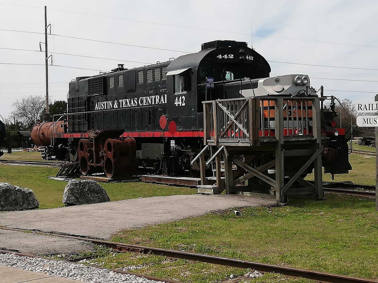 Historic Austin and Texas Central locomotive 442 on display at the Cedar Park rail yard