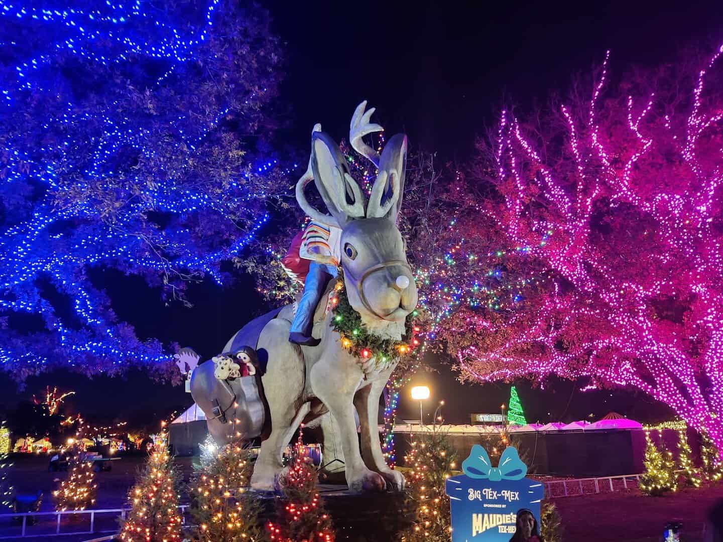 Illuminated reindeer light display at night at the Austin Trail of Lights in Austin, Texas
