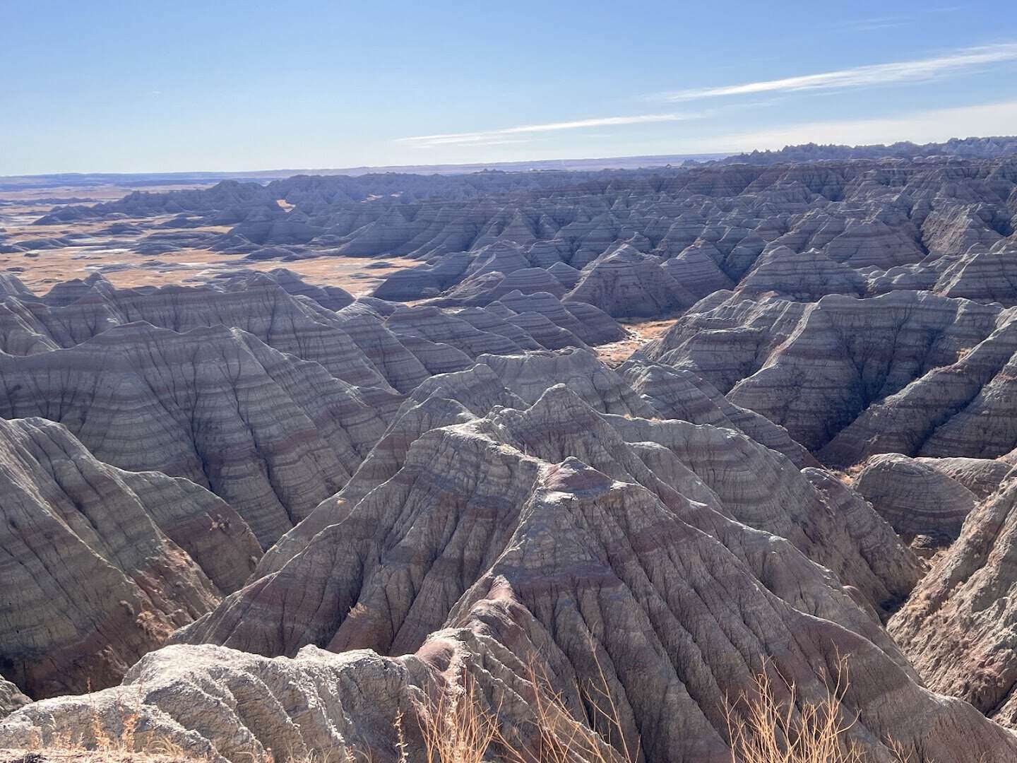 Banded rock formations at Badlands National Park in South Dakota