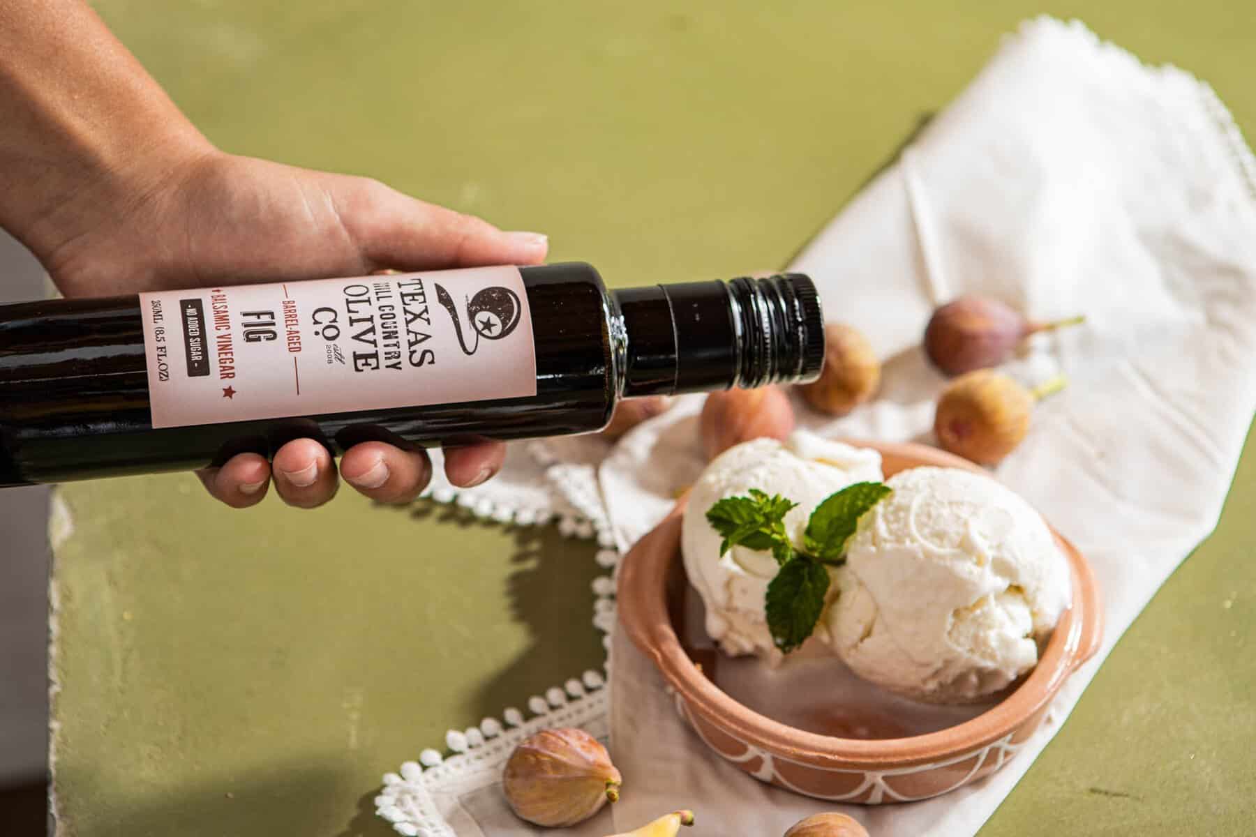 Texas Hill Country Olive Co. fig balsamic vinegar drizzled over vanilla gelato
