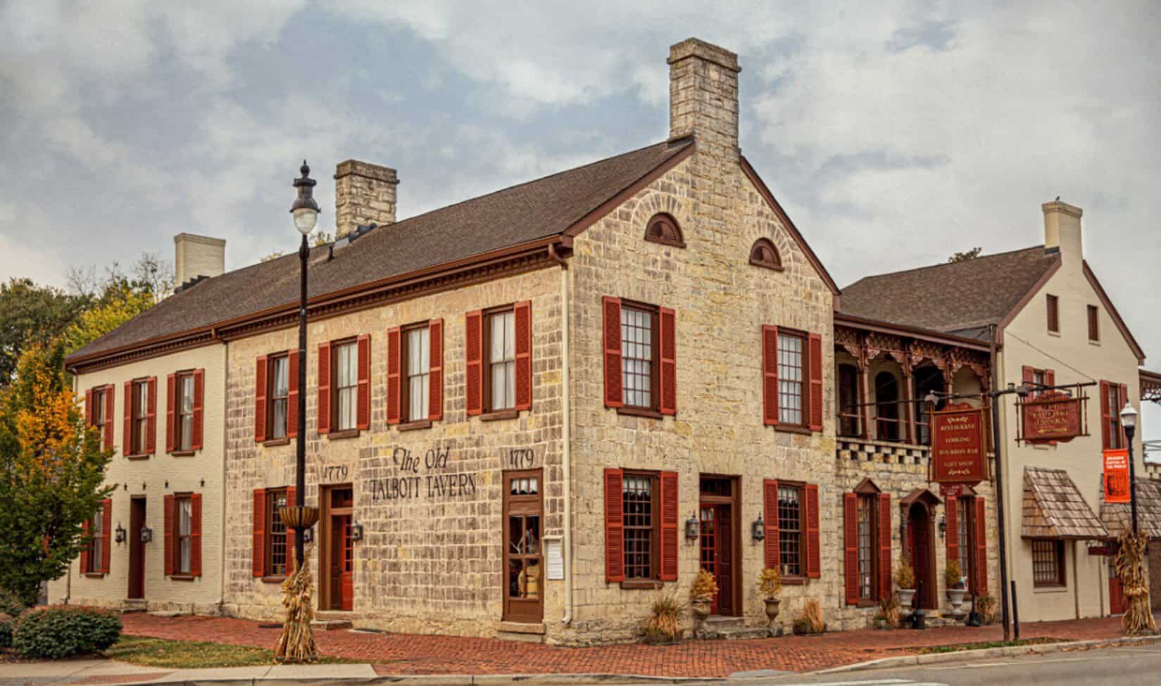 The Old Talbott Tavern under a moody sky in Bardstown, Kentucky
