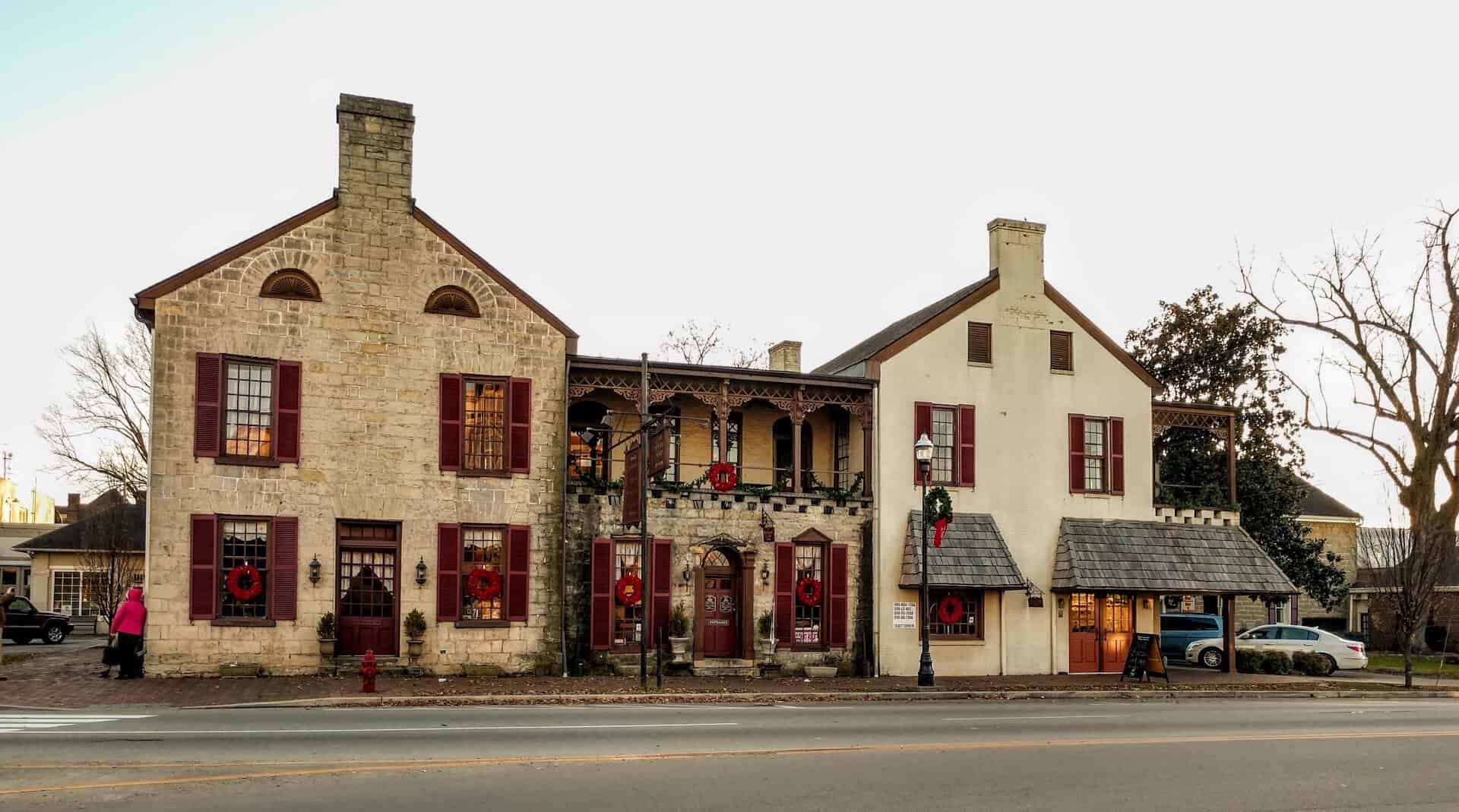 The historic Old Talbott Tavern stone building in Bardstown, Kentucky