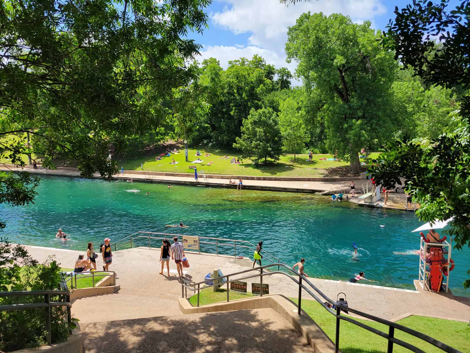 Barton Springs Pool and its turquoise spring water in Zilker Park, Austin, Texas
