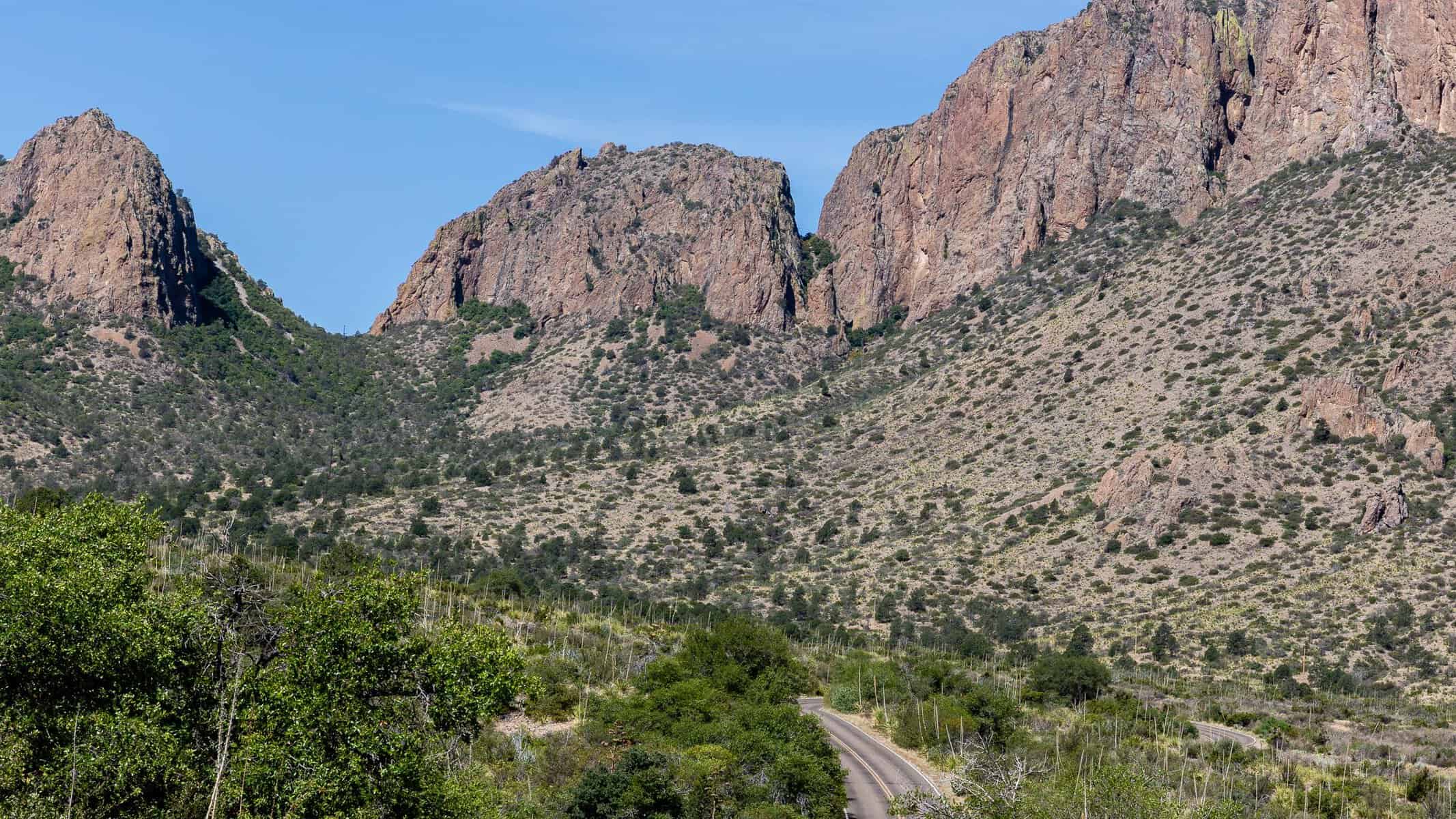 The paved road climbing through Green Gulch into the Chisos Mountains at Big Bend National Park
