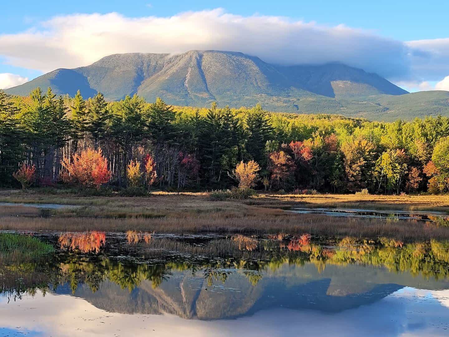 Mount Katahdin reflected in a pond with fall color at Baxter State Park, Maine