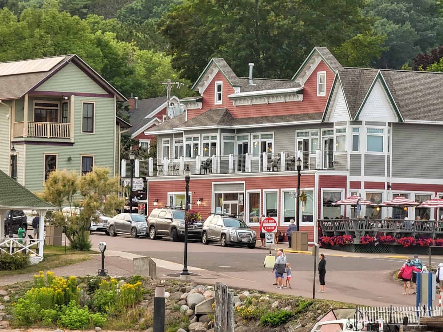 Historic red waterfront buildings in downtown Bayfield, Wisconsin