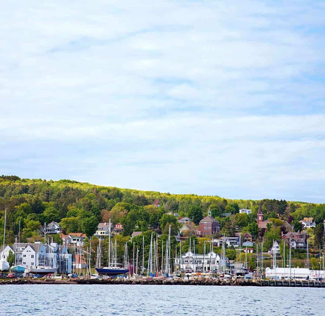 The town of Bayfield above its Lake Superior marina, Bayfield, Wisconsin