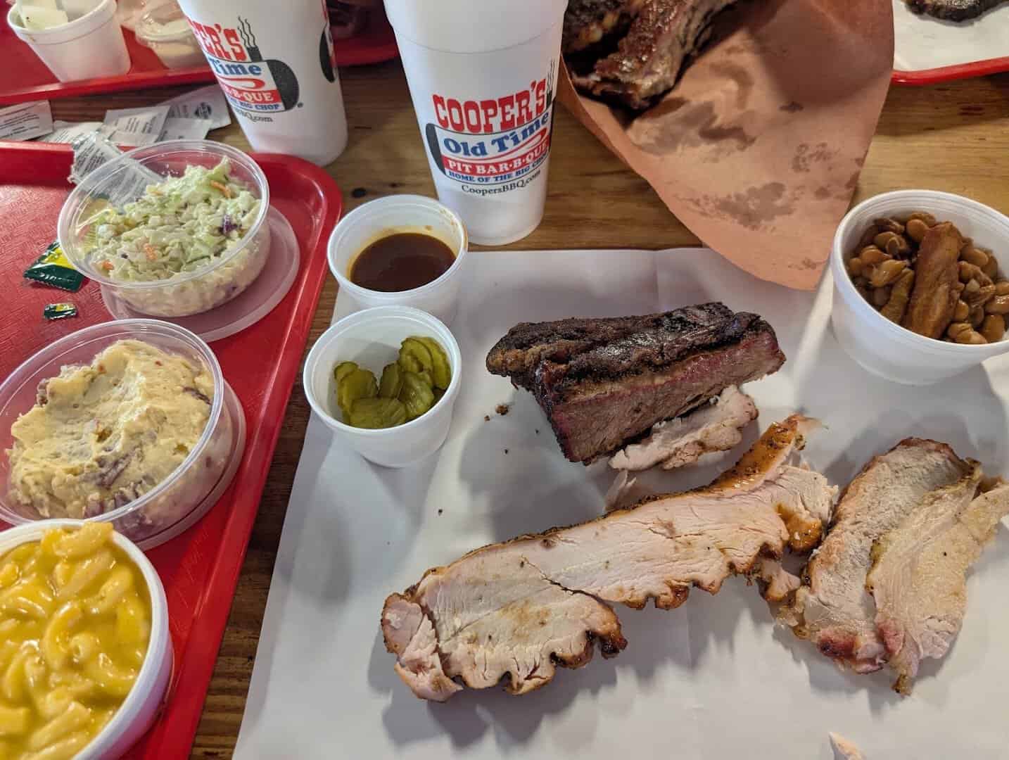 Barbecue plate with brisket, turkey, beans and mac and cheese at Cooper's in Fort Worth