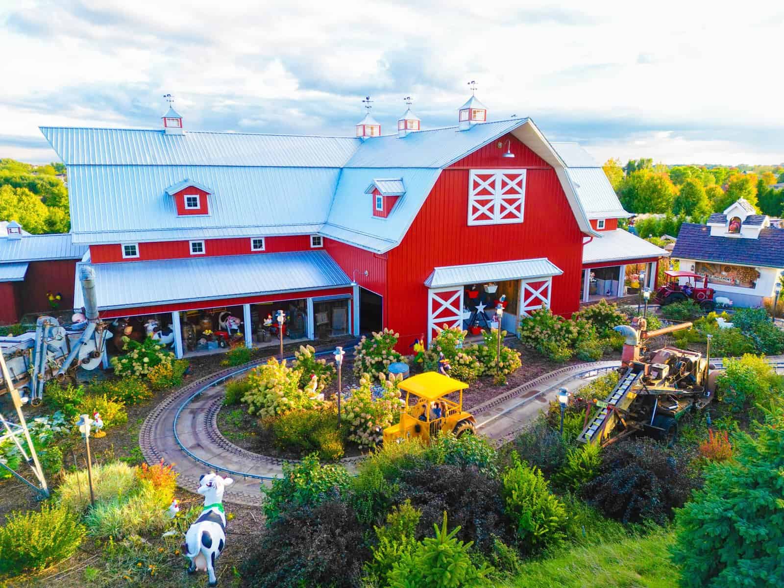 Aerial view of the red barn and rides at Bengtson's Pumpkin Farm in Homer Glen, Illinois