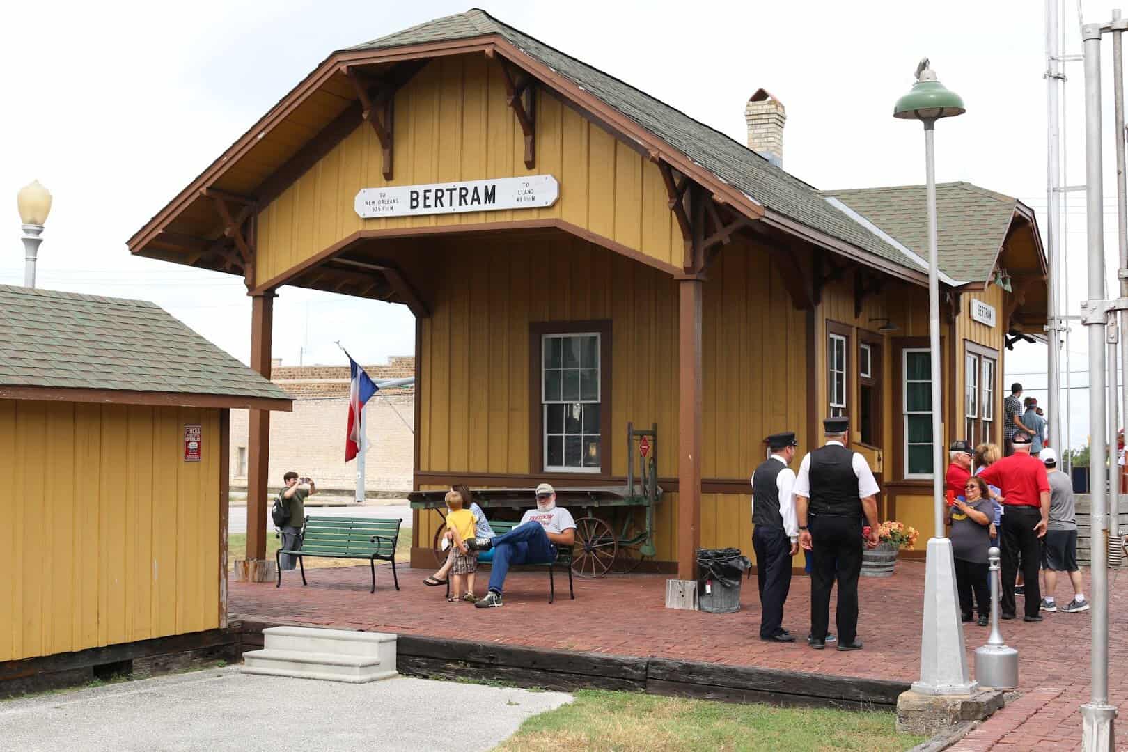 The restored 1912 Bertram Depot on the Bertram Flyer route in Central Texas