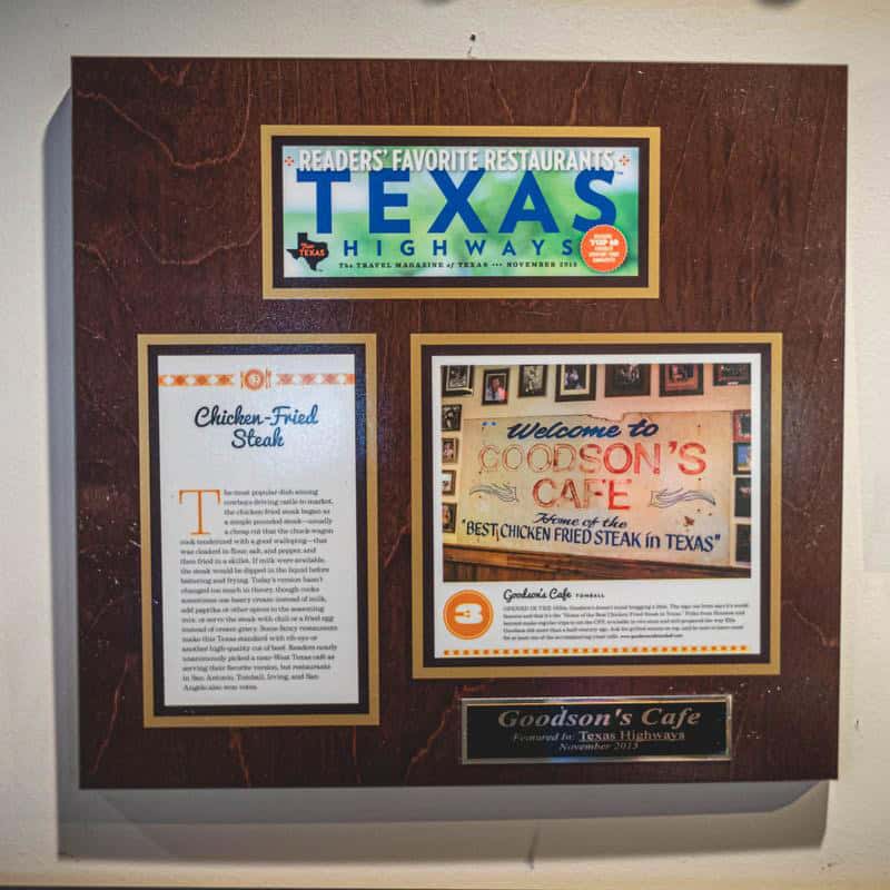 Texas Highways award naming Goodson's the best chicken fried steak in Texas