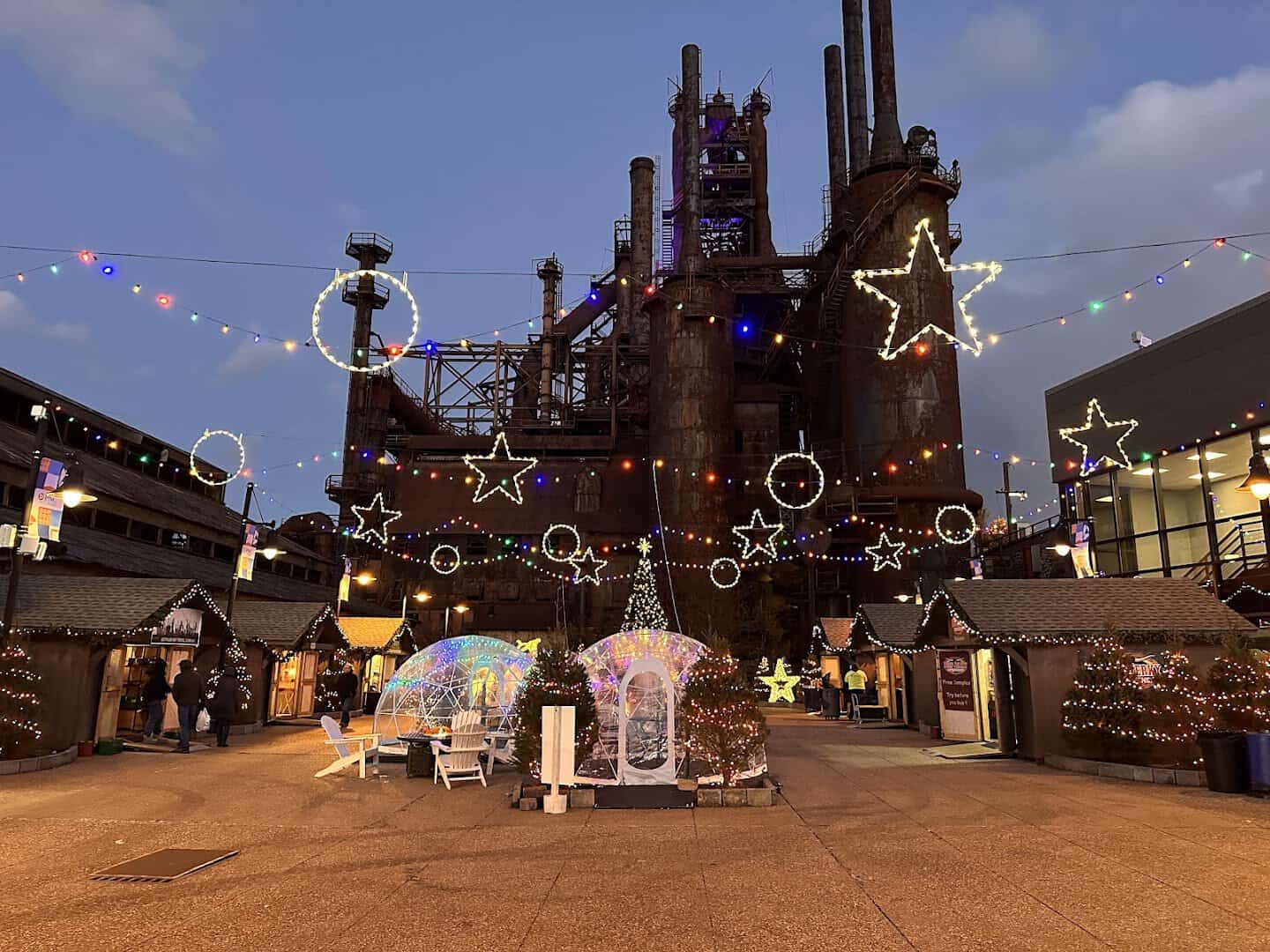 Christkindlmarkt lit with stars at the SteelStacks in Bethlehem, Pennsylvania