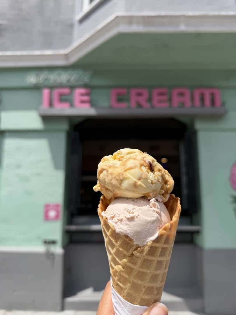 Waffle cone with two scoops of ice cream at Bi-Rite Creamery in San Francisco, California