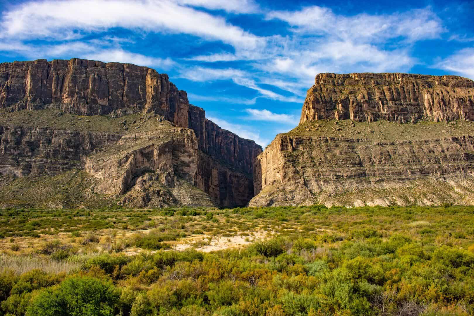 The Chihuahuan Desert turning green in spring below the mesas at Big Bend National Park in West Texas