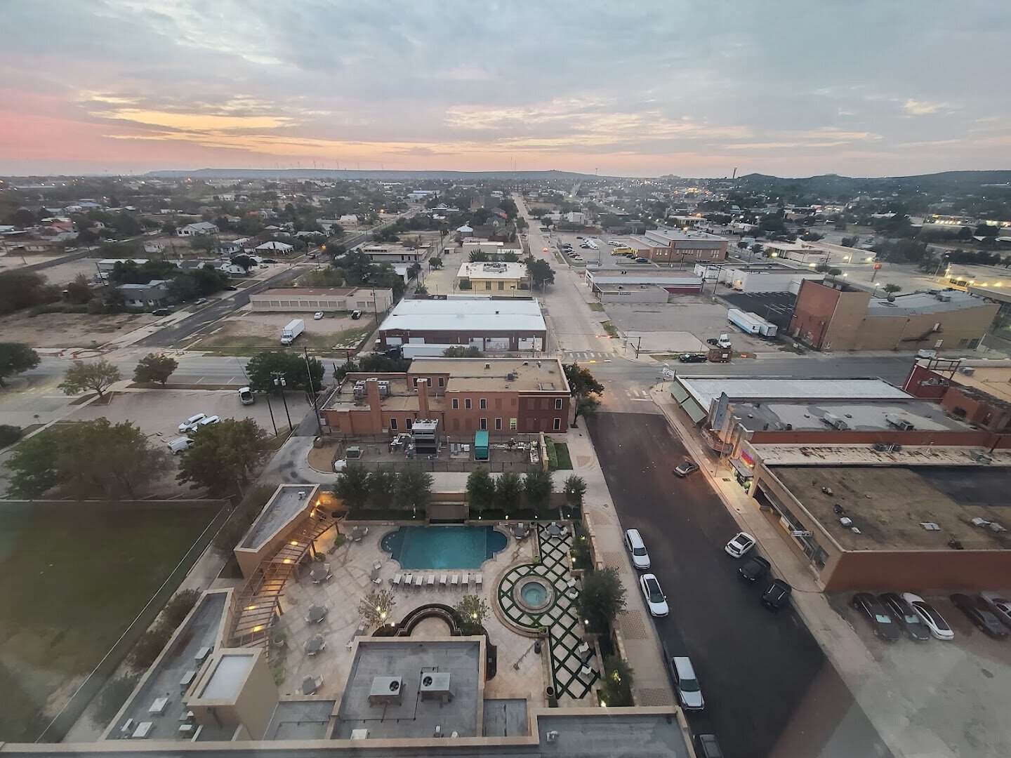 Aerial view of downtown Big Spring, Texas at sunset