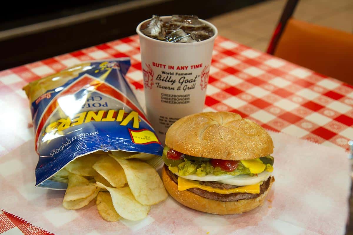Cheezborger with chips at the Billy Goat Tavern in Chicago, Illinois
