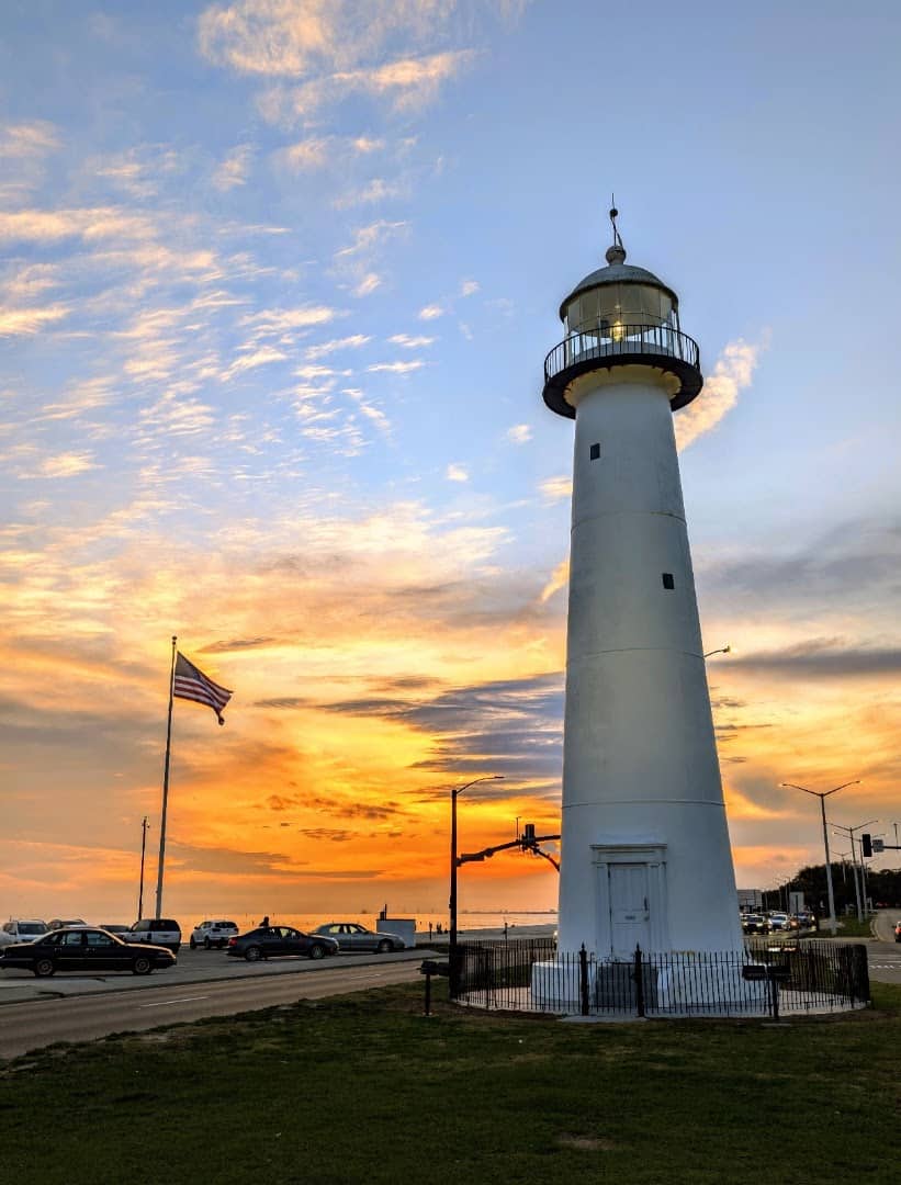 The Biloxi Lighthouse at sunset in Biloxi, Mississippi